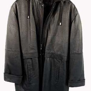 LEATHER PARKA, TAGS ON NEVER WORN, MISSES MEDIUM, BLACK, ZIP-OFF HOOD,